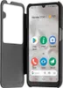 A smartphone with a flip case, showing the home screen with app icons and weather information. Produktbild-Vorschau