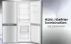 A silver refrigerator with its doors open, showcasing its interior compartments, next to promotional text. Produktbild-Vorschau