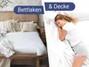A split image showing a bed with bedding on the left and a woman sleeping in a bed on the right. Produktbild-Vorschau