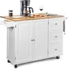 A white kitchen island with a wooden countertop is shown in a studio setting.
