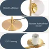 A collage of close-up images highlighting features of a gold floor lamp with white glass shades. Podgląd zdjęcia produktu