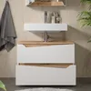 A bathroom vanity with a sink and drawers, with a towel and plant in the background. Náhled obrázku produktu