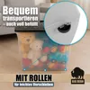 A clear plastic storage box filled with toys, with a close-up inset showing a wheel on the box. Produktbild-Vorschau