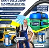 A collage of images showcasing a powerful industrial vacuum cleaner in different settings (garage, workshop, construction site) with text highlighting its features and performance. Produktbild-Vorschau