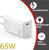 A white 65W USB-C charger is shown with marketing text and icons on a dark background. Produktbild-Vorschau