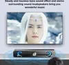 A TV screen displays an image of a person with white hair and blue eyes, while a soundbar sits below it, emitting blue light. Produktbild-Vorschau