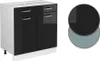 A black and white kitchen cabinet with two drawers and two doors, next to two color swatches. Voir les images du produit