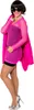 Frau mit pinkfarbenem, langärmligem Netzkleid über einem schwarzen Unterkleid; Perücke, Sonnenbrille, Plüschjacke und Schmuck sind Zubehör. Produktbild-Vorschau