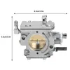 A close-up, side view of a metal carburetor with measurement indicators. Náhled obrázku produktu