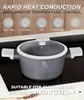A gray pot with a glass lid sits on a black stovetop, with icons and text indicating its features and compatibility. Podgląd zdjęcia produktu