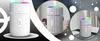 Collage of a white humidifier with a colorful LED light on top, shown in different settings. Produktbild-Vorschau