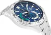 A close-up, angled shot of a blue Casio Edifice watch with a silver metal band, set against a white background. Podgląd zdjęcia produktu