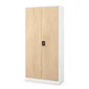A tall, two-door cabinet with a white frame and wood-grain patterned doors, set against a white background. Voir les images du produit