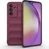 A burgundy smartphone case is shown next to a smartphone with a colorful screen. Produktbild-Vorschau