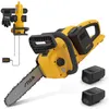 A yellow and black electric chainsaw with two batteries and a wall mount with charging function. Produktbild-Vorschau