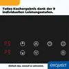 A close-up of a black glass ceramic cooktop with digital displays and touch controls, overlaid with marketing text. Produktbild-Vorschau