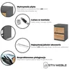 A collage showcasing the features of a gray and wood-effect nightstand. Podgląd zdjęcia produktu