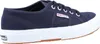 A side view of a navy blue Superga sneaker with a white sole and brown outsole. Produktbild-Vorschau