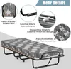 A collage showing details of a folding bed, including its structure, safety features, and pattern. Náhľad obrázku produktu