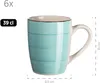 A single turquoise mug with horizontal stripes and a white handle, shown against a white background. Dimensions are indicated with measurement lines. Produktbild-Vorschau
