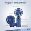 An image displaying a portable handheld fan with various features highlighted through text and diagrams. Produktbild-Vorschau