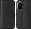 A black flip case for a smartphone is shown, with the front cover open to reveal the phone's camera module. Produktbild-Vorschau