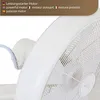 A close-up view of a white fan with text overlay describing its features in multiple languages. Produktbild-Vorschau