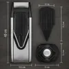 A top-down view of a Börner V6 Gemüsehobel Basis Set, including the main mandoline slicer, a food pusher, and a base attachment, laid out on a dark wooden surface with dimensions indicated by measurement lines and text. Produktbild-Vorschau