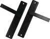 Two black door handles with long backplates are shown diagonally on a white background. Podgląd zdjęcia produktu