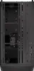 A black computer tower case is shown from the side with the tempered glass panel removed, revealing the interior. Produktbild-Vorschau