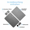 An overhead view of bathroom accessories laid out on a white background, with labels pointing to each item. Produktbild-Vorschau