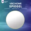 A round mirror with a gold frame is displayed against a gradient background of blue and purple, with text indicating it's a new product from VBCHOME. Produktbild-Vorschau