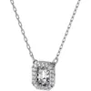 A close-up studio shot of a silver necklace with a rectangular pendant surrounded by small clear crystals. Produktbild-Vorschau