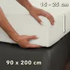 Hands are shown tucking a fitted sheet onto a mattress, with dimensions and size range indicated. Produktbild-Vorschau