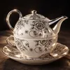 Tea for One Set Teekanne mit Tasse Keramik Weiß Silber Rose Produktbild-Vorschau 7