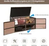 An open storage box with shelves, showing items inside and arrows indicating how to open it. Produktbild-Vorschau
