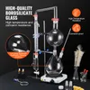 A laboratory distillation setup with various components and accessories, presented against a dark background with informational text overlays. Produktbild-Vorschau