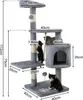 A multi-level cat tree with scratching posts, platforms, and a hideaway, featuring two cats. Dimensions are indicated with measurement lines and text. Produktbild-Vorschau