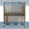A close-up view of a handwoven rope chair or screen with text overlays describing its features. Podgląd zdjęcia produktu