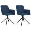 Two blue velvet swivel dining chairs with black metal legs against a white background.