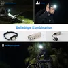 Collage showing a person fishing with a headlamp, a person adjusting a headlamp with a sensor, different components of a headlamp, and a person cycling with a headlamp at night. Produktbild-Vorschau