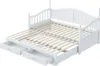 A white wooden daybed with two drawers pulled out, showing the slatted mattress base. Produktbild-Vorschau