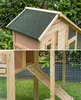 A collage of two images showing details of a wooden rabbit hutch outdoors. Produktbild-Vorschau