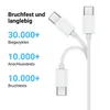 Image shows three white USB-C cables with text highlighting durability features. Produktbild-Vorschau