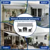 Collage of images showing awnings in different settings: garden, balcony, shop, and window. Náhled obrázku produktu
