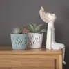 Two decorative planters with plants and a sculpture on a wooden surface against a gray background. Voir les images du produit