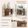Collage showing a multi-functional furniture piece used as a sewing table, computer desk, and storage cabinet in different settings. Produktbild-Vorschau