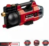 A red and black Einhell garden pump is shown against a white background, with promotional badges at the bottom. Produktbild-Vorschau