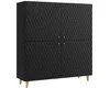 A black four-door cabinet with a diamond-stitched pattern and gold handles, standing on four wooden legs. Voir les images du produit