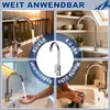 A collage of four images showing a faucet in different settings: a balcony, a kitchen, a bathroom, and someone washing clothes. Text overlays indicate different uses. Produktbild-Vorschau